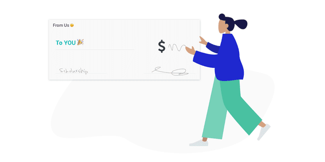 Illustrated image of a person holding a large check